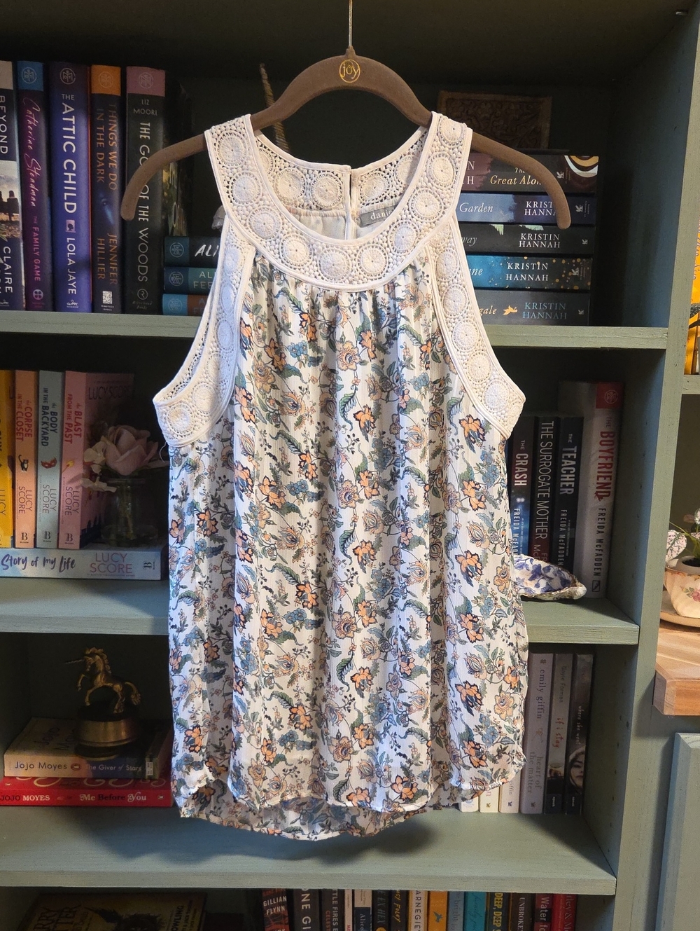 Daniel Rainn Light Blue and Pale Peach Crochet Yoke Tank